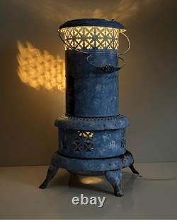 Antique Perfection Oil Heater Converted Electric Lamp Light Handpainted Blue