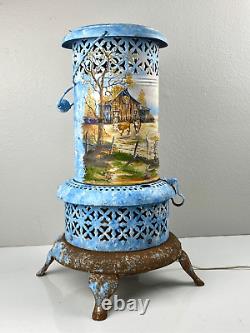 Antique Perfection Oil Heater Converted Electric Lamp Light Handpainted Blue