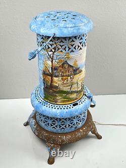 Antique Perfection Oil Heater Converted Electric Lamp Light Handpainted Blue