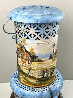 Antique Perfection Oil Heater Converted Electric Lamp Light Handpainted Blue