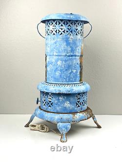 Antique Perfection Oil Heater Converted Electric Lamp Light Handpainted Blue