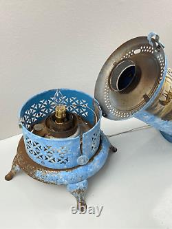 Antique Perfection Oil Heater Converted Electric Lamp Light Handpainted Blue