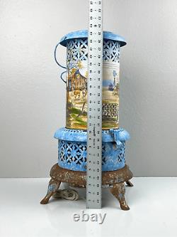 Antique Perfection Oil Heater Converted Electric Lamp Light Handpainted Blue