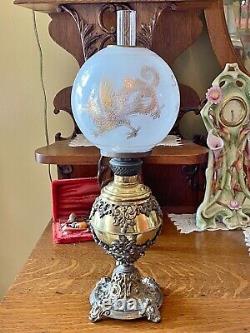 Antique Petite GWTW Victorian Gilded Loong Dragon Frosted Shade Oil Lamp