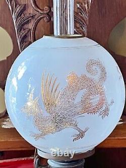 Antique Petite GWTW Victorian Gilded Loong Dragon Frosted Shade Oil Lamp