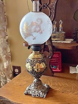 Antique Petite GWTW Victorian Gilded Loong Dragon Frosted Shade Oil Lamp