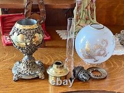 Antique Petite GWTW Victorian Gilded Loong Dragon Frosted Shade Oil Lamp