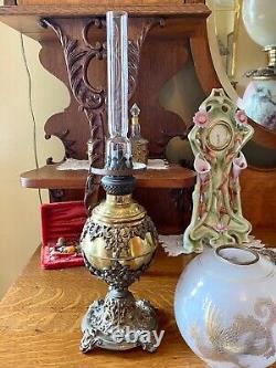 Antique Petite GWTW Victorian Gilded Loong Dragon Frosted Shade Oil Lamp