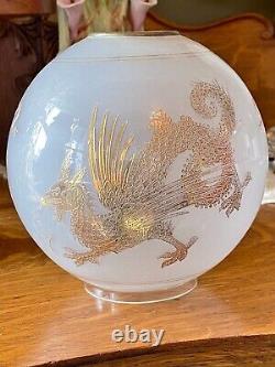Antique Petite GWTW Victorian Gilded Loong Dragon Frosted Shade Oil Lamp