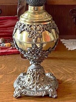 Antique Petite GWTW Victorian Gilded Loong Dragon Frosted Shade Oil Lamp