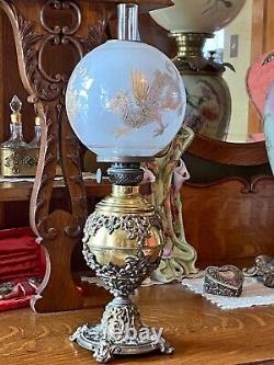 Antique Petite GWTW Victorian Gilded Loong Dragon Frosted Shade Oil Lamp