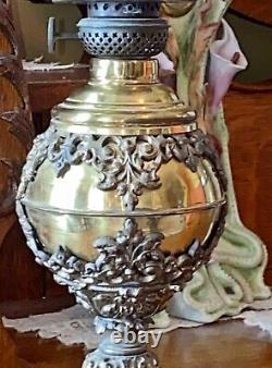 Antique Petite GWTW Victorian Gilded Loong Dragon Frosted Shade Oil Lamp