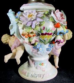 Antique Petite Porcelain Oil Lamp Cherubs & Intricate Flowers + Brenner Burner
