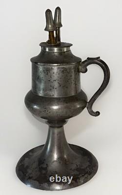 Antique Pewter Whale Oil Fluid Lamp Double Tube Burner with Snuffers, Chains