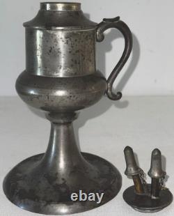 Antique Pewter Whale Oil Fluid Lamp Double Tube Burner with Snuffers, Chains