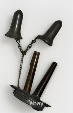 Antique Pewter Whale Oil Fluid Lamp Double Tube Burner with Snuffers, Chains