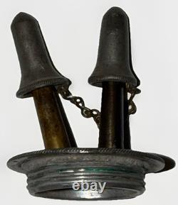 Antique Pewter Whale Oil Fluid Lamp Double Tube Burner with Snuffers, Chains