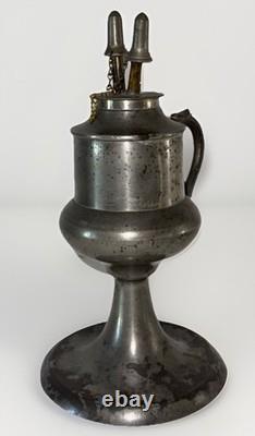 Antique Pewter Whale Oil Fluid Lamp Double Tube Burner with Snuffers, Chains