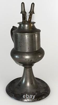 Antique Pewter Whale Oil Fluid Lamp Double Tube Burner with Snuffers, Chains
