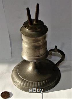 Antique Pewter Whale Oil Lamp, Chamberstick with Turned Font & Original Burner