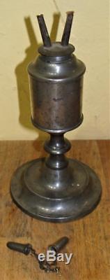 Antique Pewter Whale Oil Lamp, Cylindrical Font Great Turnings & Original Burner