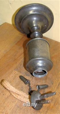 Antique Pewter Whale Oil Lamp, Cylindrical Font Great Turnings & Original Burner