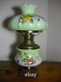 Antique Phoenix GWTW Hand Painted Converted Oil Lamp 18 Tall Green Melon Shade