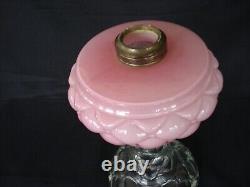 Antique Pink Cased Glass Diamond Quilted Kerosene Oil Lamp 9 1/2 Tall