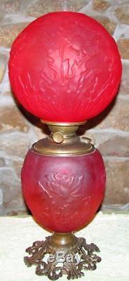 Antique Pittsburgh Success GWTW Oil Kerosene Lamp Red Satin Glass Primrose Comp