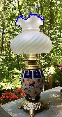 Antique Porcelain Cobalt Blue & Gilt Oil Lamp with Fenton Opalescent Swirl Shade