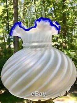 Antique Porcelain Cobalt Blue & Gilt Oil Lamp with Fenton Opalescent Swirl Shade