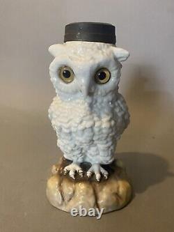Antique Porcelain Miniature Oil Lamp Base Figural Owl with Glass Eyes