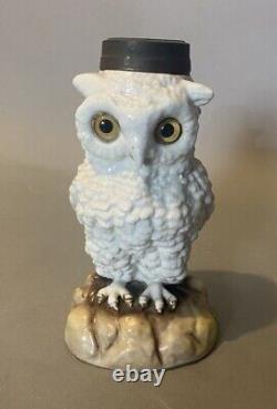 Antique Porcelain Miniature Oil Lamp Base Figural Owl with Glass Eyes