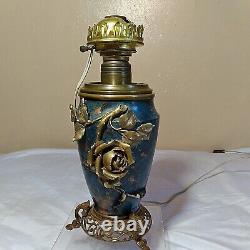 Antique Porcelain and Bronze Oil Lamp Electrified Blue Gold Rose Floral 1880s