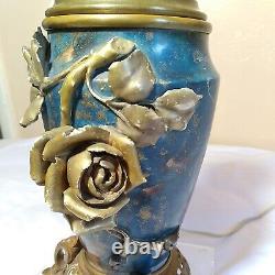 Antique Porcelain and Bronze Oil Lamp Electrified Blue Gold Rose Floral 1880s