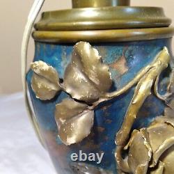 Antique Porcelain and Bronze Oil Lamp Electrified Blue Gold Rose Floral 1880s