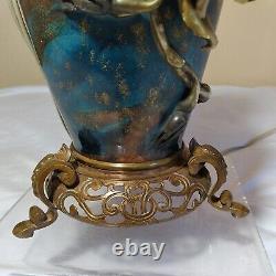 Antique Porcelain and Bronze Oil Lamp Electrified Blue Gold Rose Floral 1880s