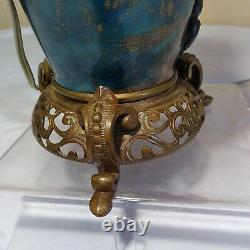 Antique Porcelain and Bronze Oil Lamp Electrified Blue Gold Rose Floral 1880s