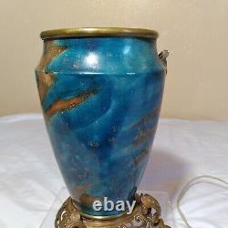 Antique Porcelain and Bronze Oil Lamp Electrified Blue Gold Rose Floral 1880s