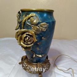 Antique Porcelain and Bronze Oil Lamp Electrified Blue Gold Rose Floral 1880s