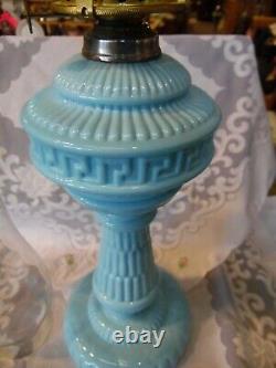 Antique Portieux Vallerysthal Blue Opaline Oil Lamp