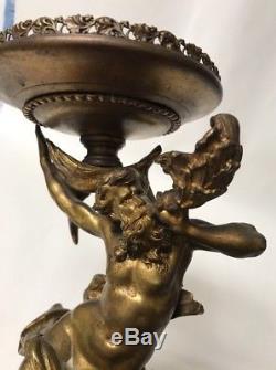 Antique Poseidon / Neptune Dolphin Gilt Metal Figural Banquet Parlor Oil Lamp