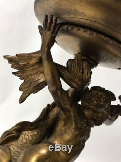 Antique Poseidon / Neptune Dolphin Gilt Metal Figural Banquet Parlor Oil Lamp