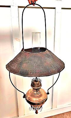Antique Primitive S. R. &Co General Store 28Brass Hanging Oil Lamp &Tin 14 Shade