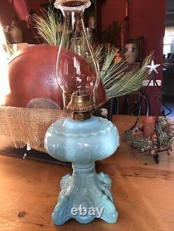 Antique Princess Blue Milk Glass Oil Lamp With Glass Chimney