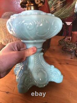 Antique Princess Blue Milk Glass Oil Lamp With Glass Chimney