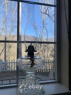 Antique Princess Feather Glass Large Pedestal Oil Lamp 21.5