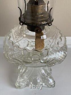 Antique Princess Feather Glass Large Pedestal Oil Lamp 21.5