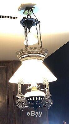 Antique Pull Down Hanging Oil Lamp, Cast Iron, Milk Glass Shade & Smoke Bell, EC
