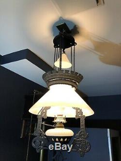 Antique Pull Down Hanging Oil Lamp, Cast Iron, Milk Glass Shade & Smoke Bell, EC